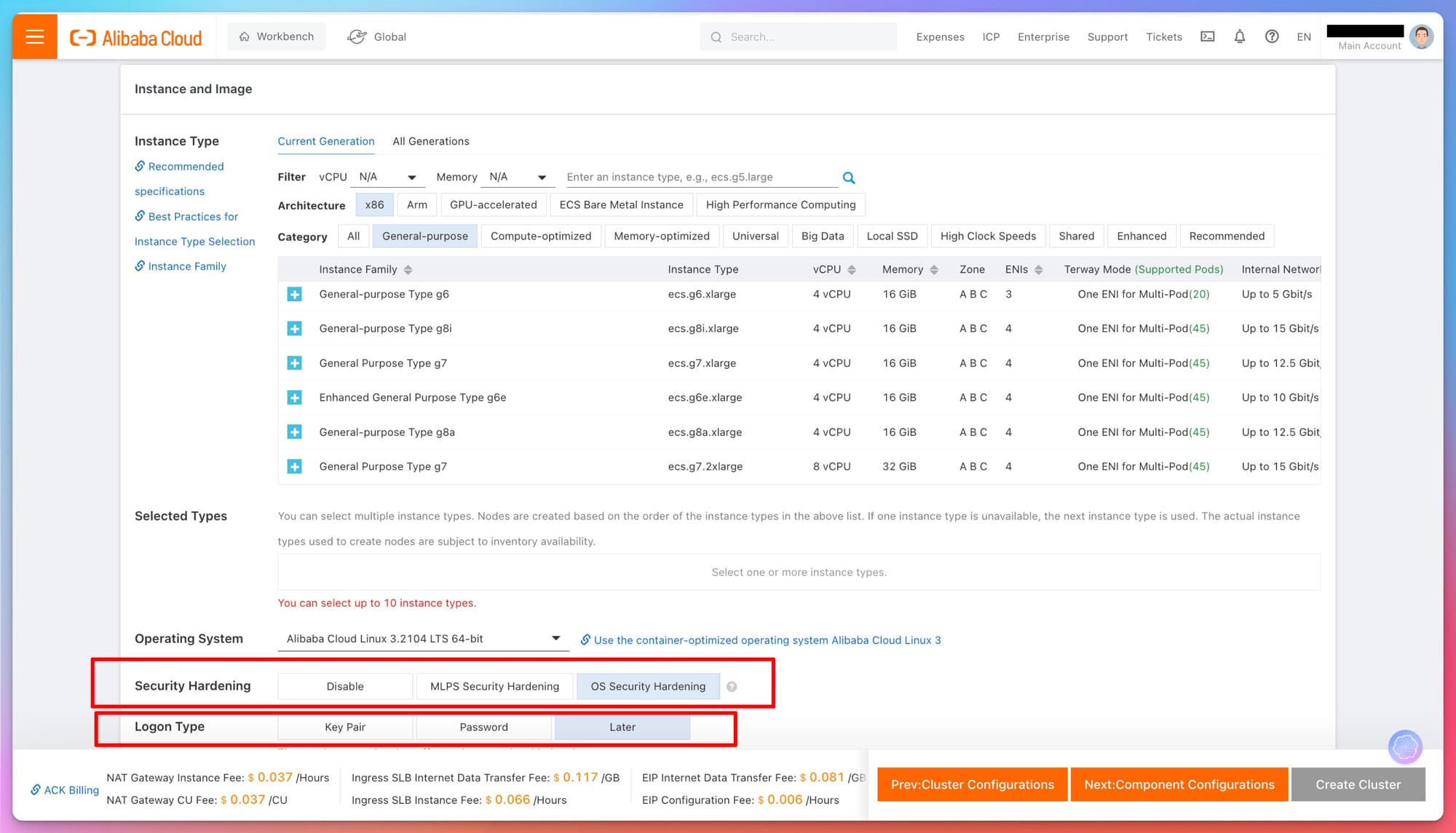 Instance Types and Disk Configuration